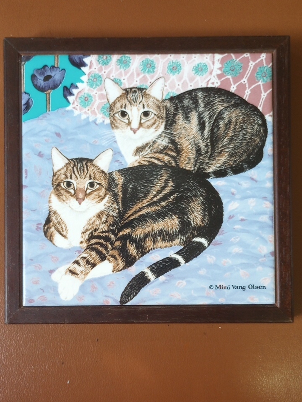 Avon Ceramic Tile Tabby Cat Trivet w/ Wood Frame. Brown White Pink Blue Green